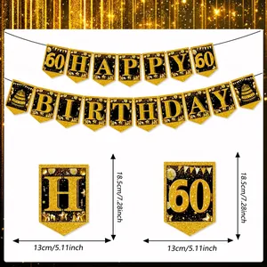 Size chart for 60th birthday banner flags featuring black and gold party decorations