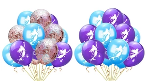 Detail view of 12-inch mermaid party balloons with purple blue and rose gold confetti