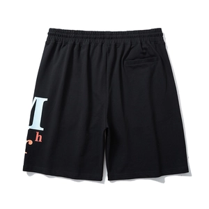 Men's loose black knit cotton shorts with large ice blue and orange graphic print