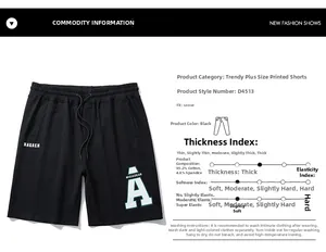 Detail view of cotton drawstring shorts featuring white graphic prints and fabric specs