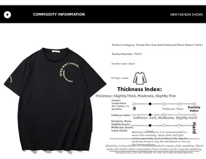Close-up of cotton fabric details and gold foil letter printing on black oversized t-shirt