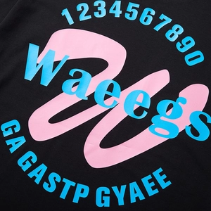 Men's oversized black cotton T-shirt with pink and blue artistic graphic print