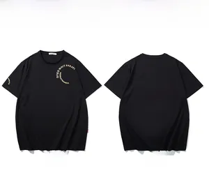 Detailed front and back view of black cotton T-shirt with yellow C-shaped letter print