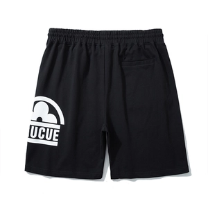 Loose black cotton shorts with white UCUE letter print and elastic drawstring waist