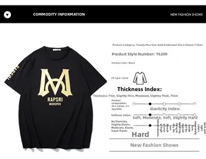 Detail of black cotton T-shirt featuring gold foil letter M and RAPSRI MORCPER print