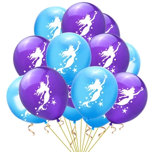 Detail of 12-inch mermaid balloons with white silhouettes for ocean theme party decorations