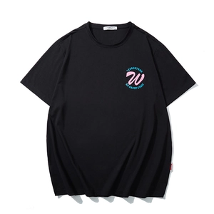Classic black crewneck cotton T-shirt with artistic pink print and white main label