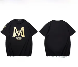 Flat lay of black T-shirt with gold M logo print on front and back views