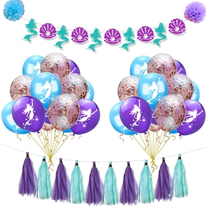 Mermaid party set with teal balloons, shell banner, paper flowers and tassels