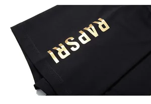Detailed close-up of RAPSRI gold foil lettering on black premium knit fabric texture