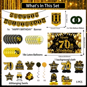 Macro view of 70th birthday party kit with black and gold banners, balloons, and decorations