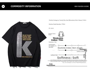 Vue détaillée du tissu en coton avec strass lettre K et instructions de lavage shirt