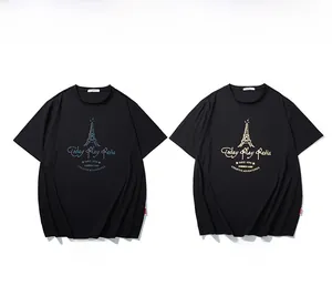 Détails de T-shirts noirs avec graphique de la Tour Eiffel et lettrage Today Play Paris