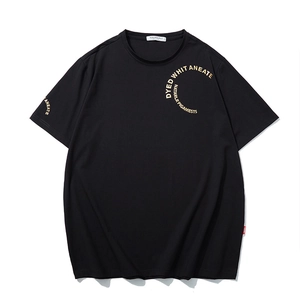 Men Plus Size T-Shirt Loose Fit Round Neck Gold Letter Printed Short Sleeve Summer Cotton Blend Casual Streetwear Top