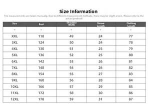 Guide des tailles pour t-shirt grande taille du XXL au 12XL avec mesures détaillées