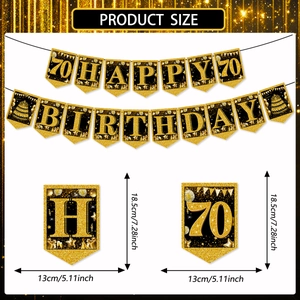 Detail view of black and gold 70th birthday bunting banners with size specifications