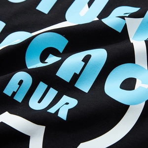 Men's oversized black cotton T-shirt featuring a bold blue bear graphic print design