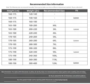 Tableau des tailles détaillé pour T-shirt imprimé grande taille de XXL jusqu'à 12XL inclut