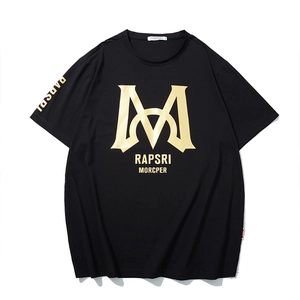 Men Plus Size Black T-Shirt Gold Letter M Graphic Loose Fit Cotton Blend Short Sleeve Tee Summer Casual Streetwear Top