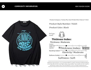 Detail showing 95% cotton fabric composition and blue summer palm print on black T-shirt