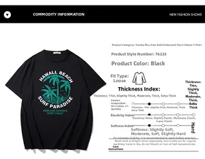 Détail du t-shirt en coton avec imprimé palmier Hawaii Beach et paramètres du tissu