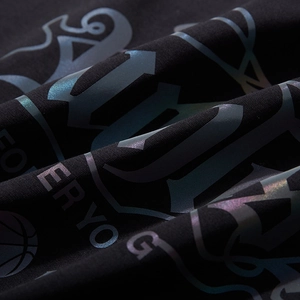 Modern black cotton T-shirt with iridescent reflective letter print and basketball graphic