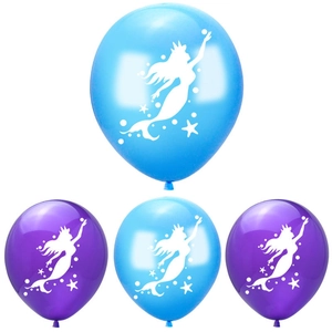 Detailed view of 12-inch mermaid printed latex balloons in light blue and deep purple