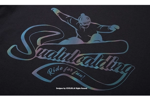 Detail of colorful reflective skier print and 'Ride for fun' slogan on black cotton T-shirt