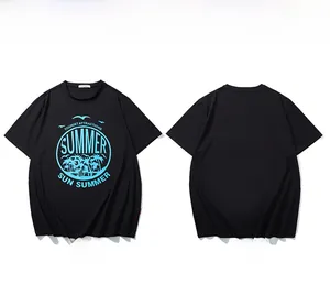 Front and back view of black cotton T-shirt with blue tropical summer print