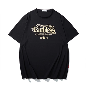 Men's loose black cotton T-shirt featuring Ruthless letter print and basketball graphic