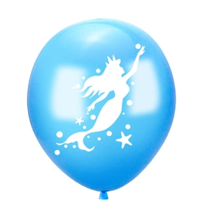 Close-up of 12-inch blue latex balloon with white mermaid silhouette for birthday party