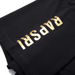 Oversized black cotton T-shirt featuring metallic gold RAPSRI graphic print design