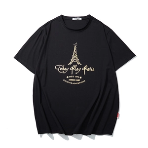 T-shirt noir ample en coton pour homme avec imprimé Tour Eiffel doré et graphique Paris