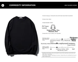 Detail view of black plus size crewneck sweatshirt with 95.4% cotton fabric composition
