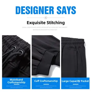 Detail view of drawstring waistband, ribbed cuffs, and large side pockets on black joggers