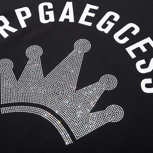 Black cotton T-shirt featuring a crown rhinestone design and white printed letters