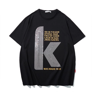 T-Shirt en Coton Grande Taille pour Hommes Streetwear Strass Thermocollants Lettre K Imprimé Manches Courtes Ample Respirant Décontracté Hip Hop Tee Top