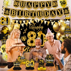 Detailed set of 80th birthday black and gold party decorations with banner and balloons