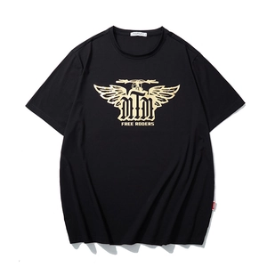 Loose fit black cotton T-shirt with golden motorcycle wing print and MTM lettering