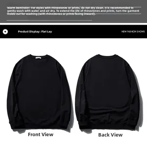 Flat lay of men's black crewneck sweatshirt showing front and back views with washing instructions