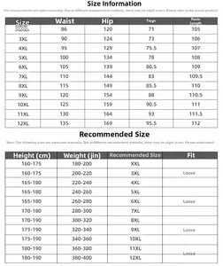 Detailed size chart for oversized joggers showing measurements from 2XL to 12XL