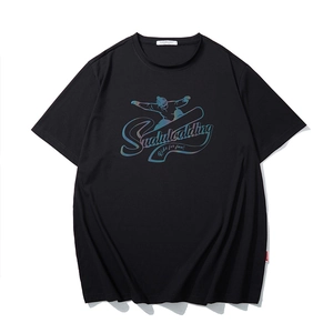 Loose fit black men's T-shirt with iridescent skier print and Ride for fun slogan