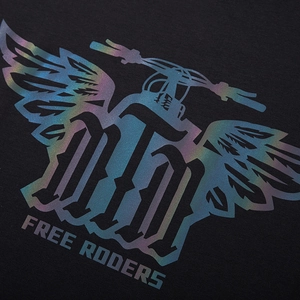 Loose fit black cotton T-shirt with colorful reflective wing and letter graphic print