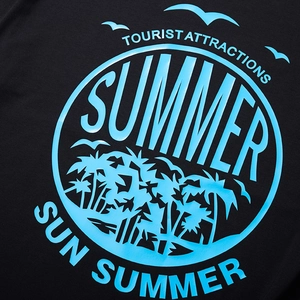 Oversized black cotton T-shirt featuring a blue tropical Summer tourist print design