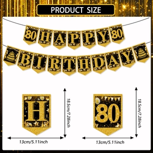 Detail of Happy 80th Birthday banner with black gold design and specific size measurements