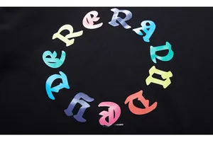 Close-up of colorful gradient gothic letter ring print on black cotton fabric