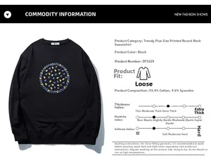 Détail du sweat noir ample montrant les infos sur le coton et les spécifications de taille