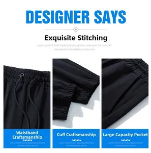 Detail view of elastic drawstring waist, large side pocket and ribbed ankle cuffs on black pants