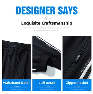 Detailed views of drawstring waist, zipper pockets and ribbed cuffs on men's sports joggers