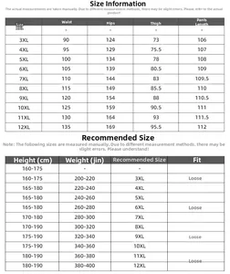 Tabella taglie dettagliata per pantaloni sportivi uomo taglie forti da 3XL a 12XL